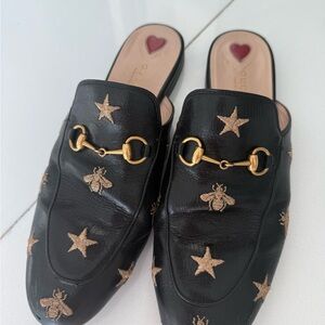 Gucci Black and Gold Star Embroidered Mules